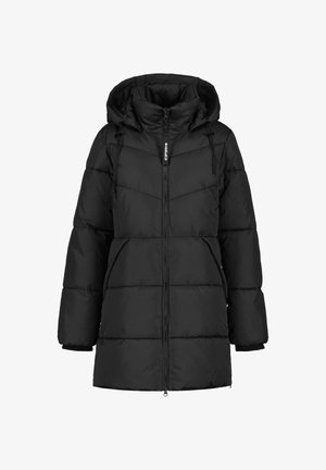 Zwarte gewatteerde jas met capuchon, ritssluiting en zijzakken. Heeft een gevoerde stof, elastische boorden en horizontale stikpatronen.