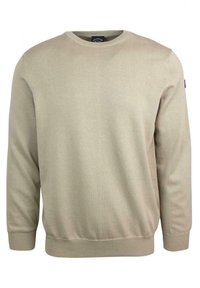 Maglione beige a girocollo realizzato in morbido tessuto a maglia. Presenta maniche lunghe, polsini a coste e un orlo a coste per un look aderente.