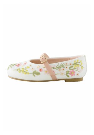 White ballet flat shoe with pink stitching and floral embroidery in pastel colors. Features a buckle strap and low heel.