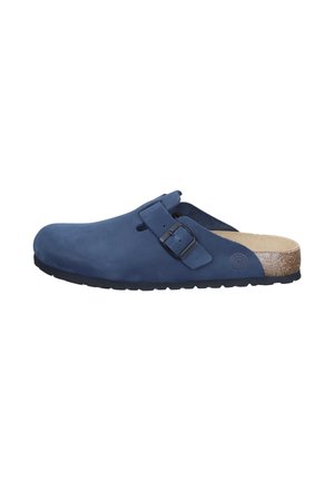 Blaue Wildleder-Clogs mit breiter Zehenbox, zwei verstellbaren Riemen und einem Kork-Fußbett. Gummisohle mit strukturierter Oberfläche und Wirbel-Akzent.