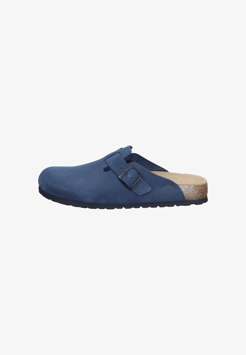 Blue suede clogs with a wide toe box, two adjustable straps, and a cork footbed. Rubber sole with a textured finish and swirl accent.