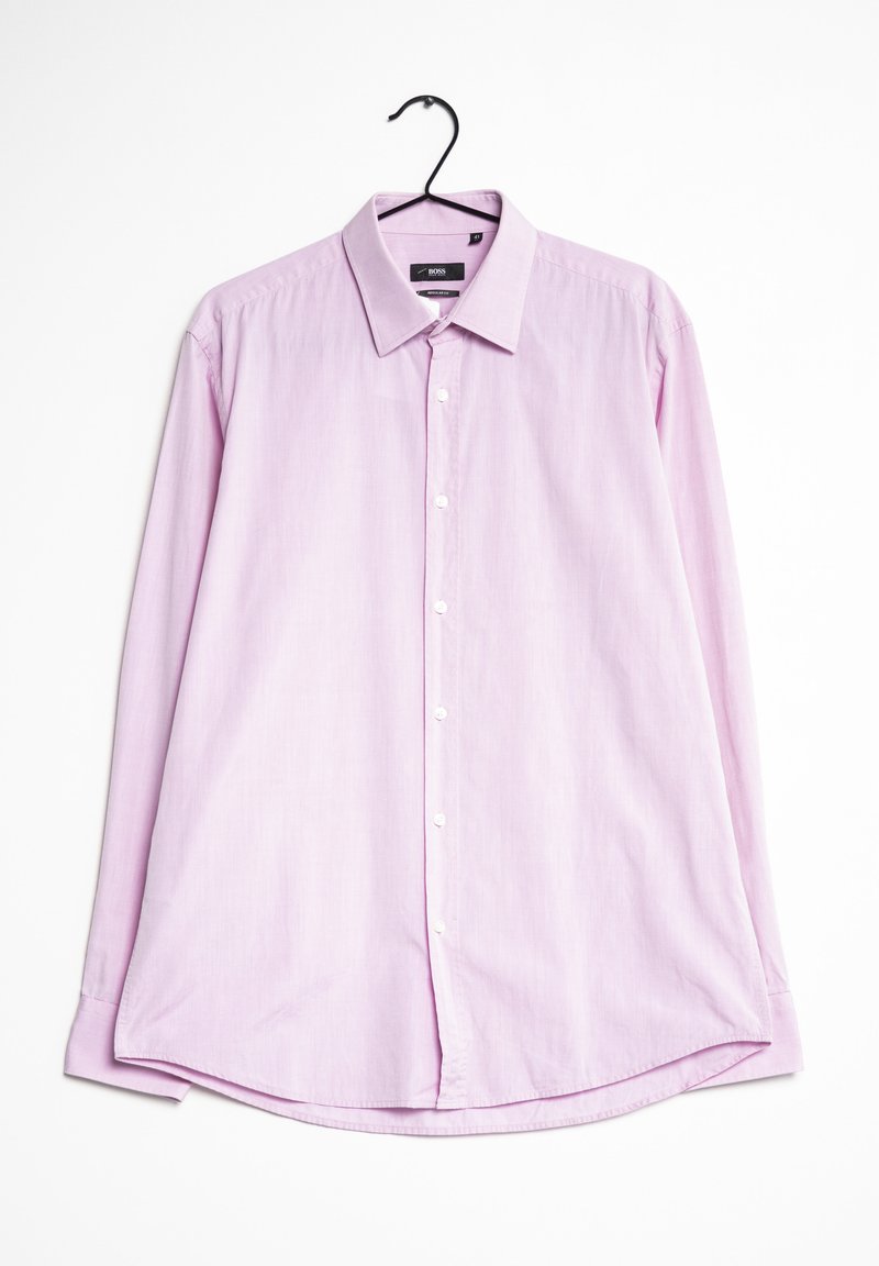 Long-sleeve, light pink shirt made of woven fabric, featuring a button-down collar and full front button placket, with rounded hem.