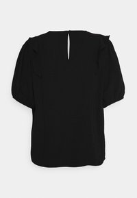 Top preto com mangas curtas bufantes, tecido texturizado, decote redondo e uma pequena abertura em forma de gota nas costas. Design simples e versátil.