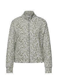 Jacke mit hohem Kragen und Reißverschluss, langen Ärmeln und abstraktem Zebra-Streifenmuster in Olivgrün und Weiß.