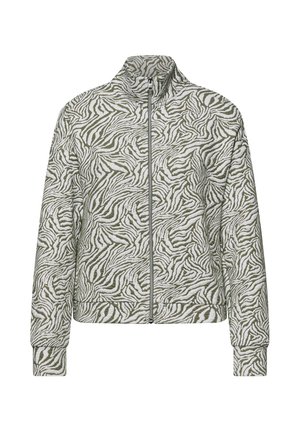 Veste à col montant avec fermeture éclair, manches longues et motif abstrait de rayures zébrées vert olive et blanches.