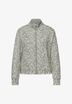 Veste à col montant avec fermeture éclair, manches longues et motif abstrait de rayures zébrées vert olive et blanches.