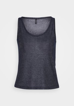 Navy blue tank top made of lightweight, textured fabric with a round neckline and an overall relaxed fit. No additional design details noted.