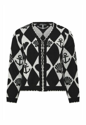Schwarz-weiße Strickjacke mit Knopfleiste, verziert mit Anker- und Muschelmuster in einem Rautengitterdesign.