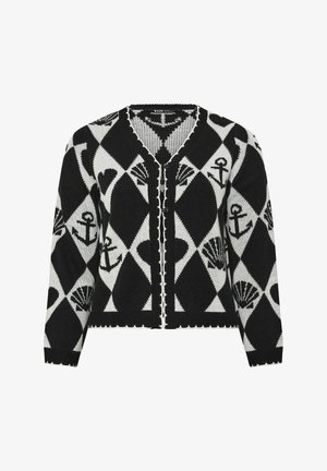 Cardigan en noir et blanc tricoté avec boutons à l'avant, présentant des motifs d'ancre et de coquillage dans un design en grille losange.