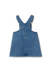 Jeans-Latzkleid in Mittelblau, mit überkreuzten Trägern, verstellbarem Metallzubehör und geradem Schnitt am Saum.