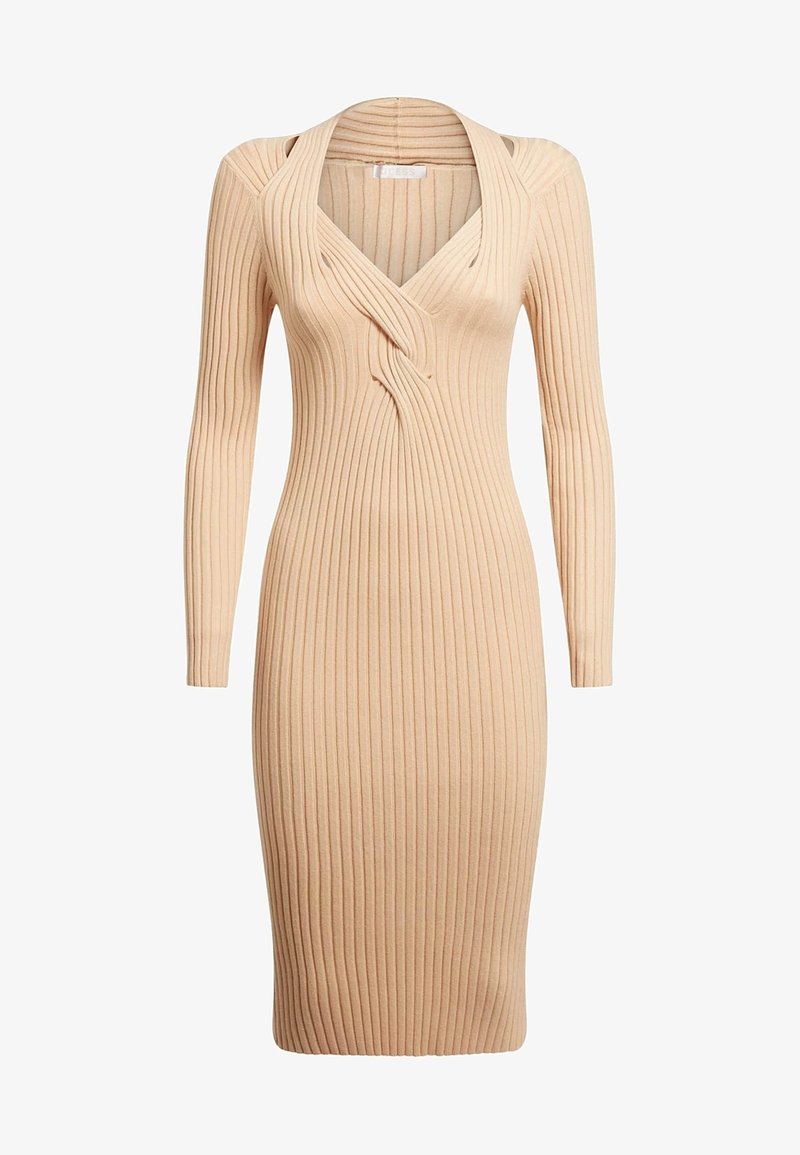 Robe en maille côtelée beige à manches longues, silhouette ajustée et détail de col en V torsadé.