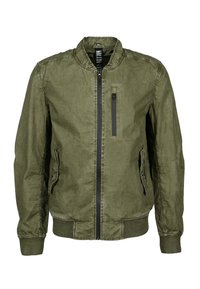 Giacca bomber verde oliva realizzata in tessuto leggero, con chiusura a zip, due tasche laterali e una piccola tasca sul petto con zip.