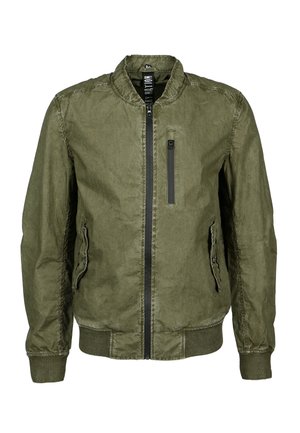 Olive green bomber jacket made of lightweight fabric, featuring a zip closure, two side pockets, and a small chest pocket with a zipper.