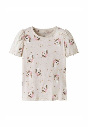 Light beige short-sleeve toddler shirt with puff sleeves, decorated with repeated unicorn heads wearing pink flower crowns.