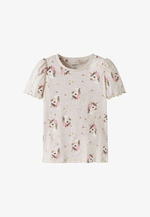 Light beige short-sleeve toddler shirt with puff sleeves, decorated with repeated unicorn heads wearing pink flower crowns.