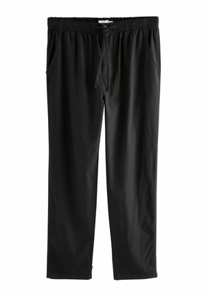 Pantalon décontracté noir avec taille élastique et cordon, deux poches latérales, coupe droite sur fond blanc.