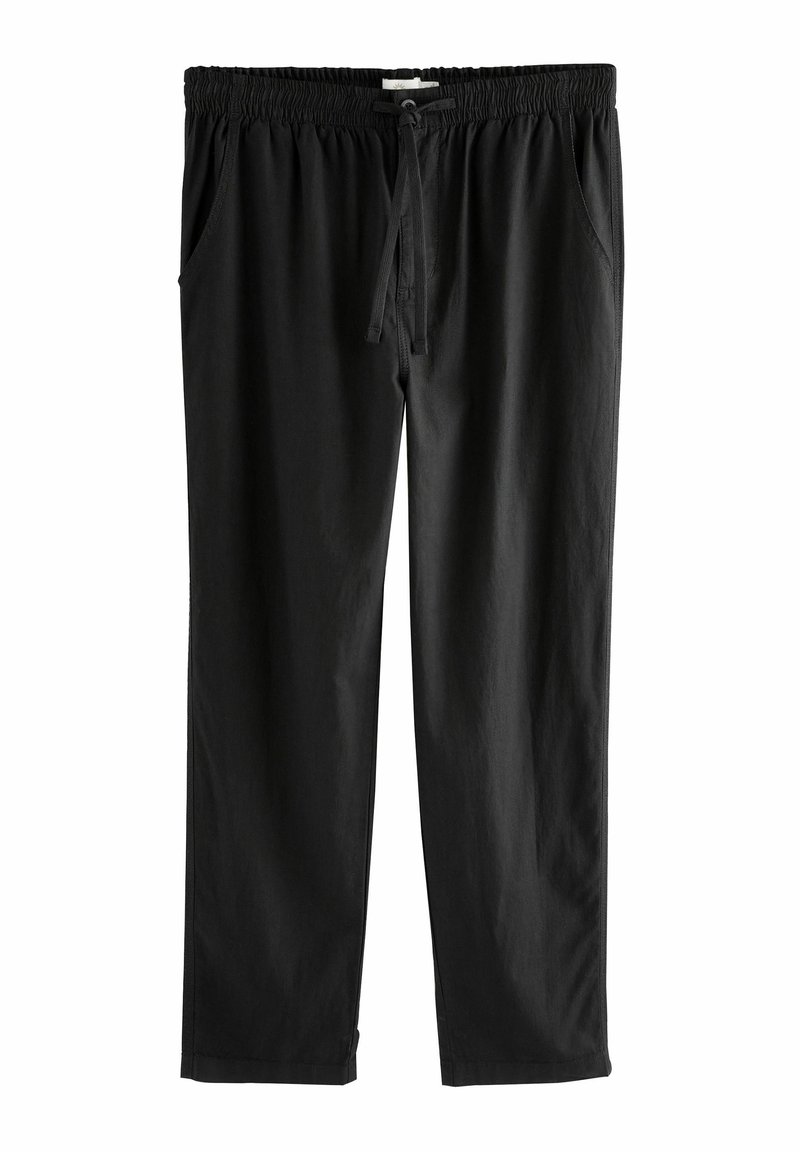 Pantalon décontracté noir avec taille élastique et cordon, deux poches latérales, coupe droite sur fond blanc.