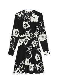 Schwarzes langärmliges Kleid mit großem weißen Blumenmuster, V-Ausschnitt, taillierter Taille und ausgestellt Rock.