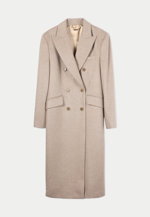 Beiger doppelt geknöpfter Wollmantel mit breiten Revers, langen Ärmeln, zwei vorderen Pattentaschen und Knopfverschlüssen.