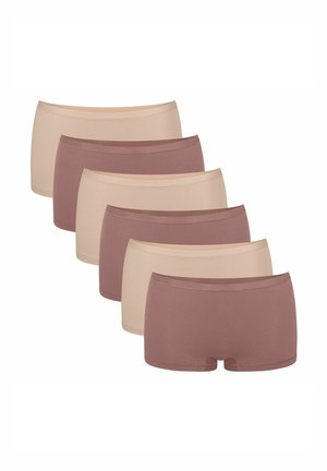 Set aus sechs Shorts in zwei Farben: vier hellbeige und zwei dunkelmaulbeerfarben. Hergestellt aus weichem, elastischem Stoff mit einem elastischen Bund und nahtlosen Seiten.