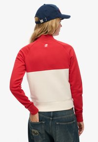 Rood-witte sweatshirt met een hoge kraag en raglanmouwen, met een klein logo aan de achterkant. Draagt blauwe spijkerbroeken.