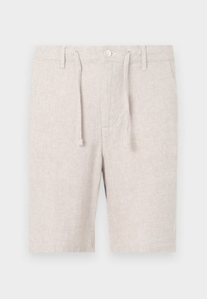 Pantaloni corti grigi chiari realizzati in tessuto testurizzato con motivo a spina di pesce. Presentano una vita elasticizzata, un cordino e tasche frontali.