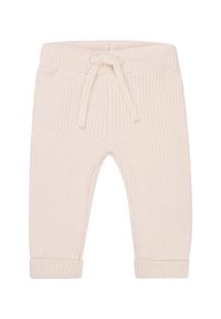 Strickhosen in crèmefarben mit rippenstruktur, einem elastischen Bund und einer dekorativen Kordel. Saumabschlüsse an den Knöcheln.