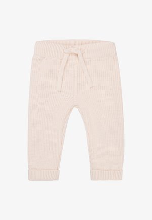 Strickhosen in crèmefarben mit rippenstruktur, einem elastischen Bund und einer dekorativen Kordel. Saumabschlüsse an den Knöcheln.