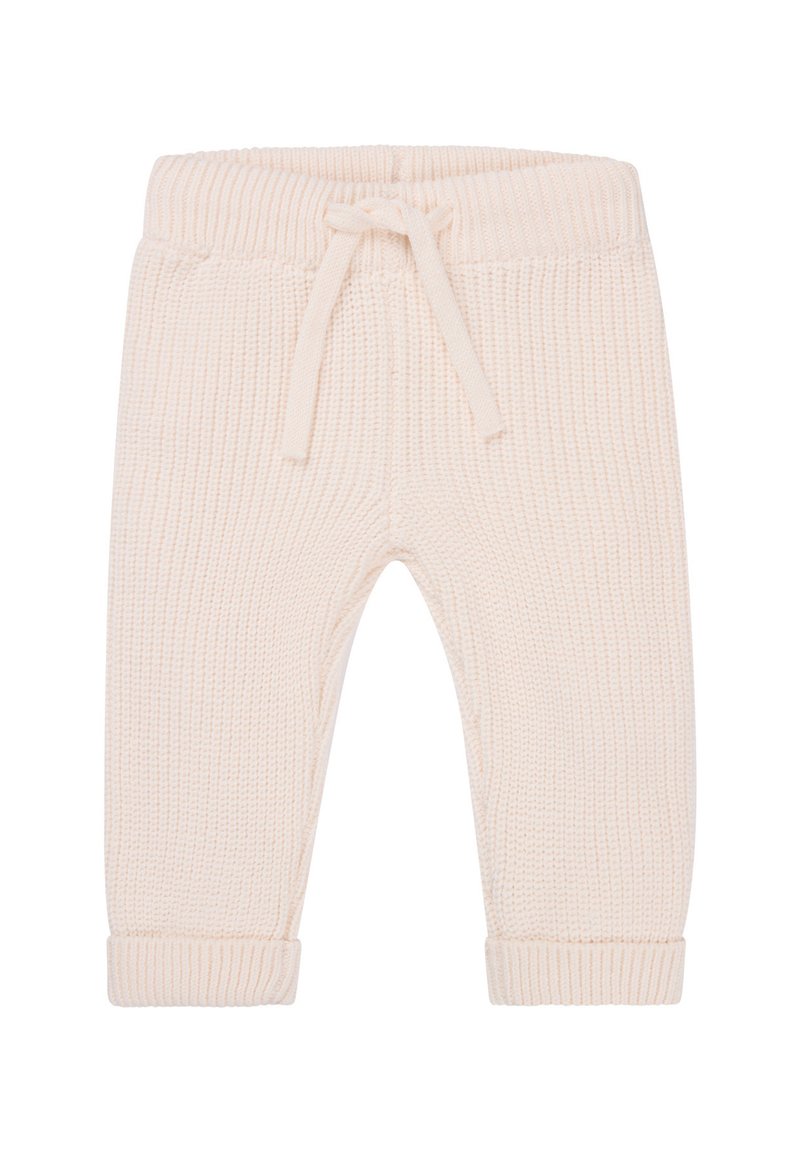 Strickhosen in crèmefarben mit rippenstruktur, einem elastischen Bund und einer dekorativen Kordel. Saumabschlüsse an den Knöcheln.
