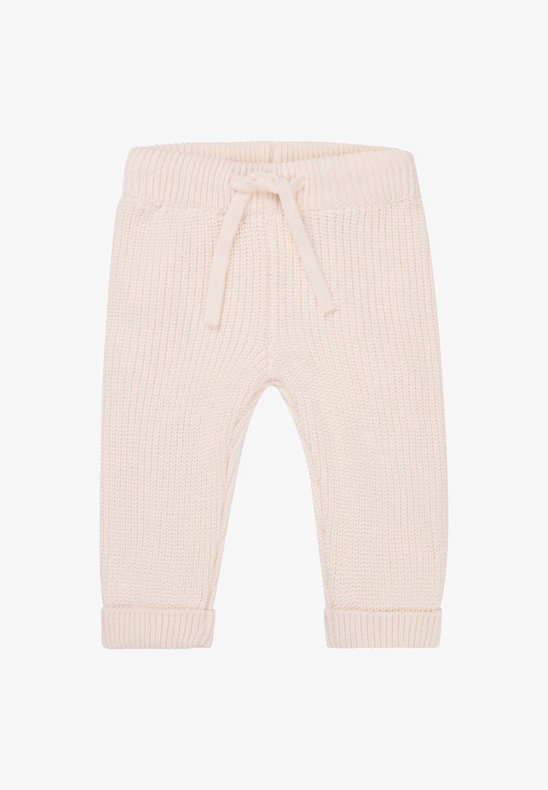 Stickade gräddfärgade byxor med ribbat mönster, elastiskt midjeband och en dekorativ dragsko. Fållade ärmslut vid anklarna.