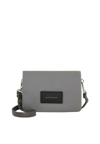 Borsa a tracolla grigia realizzata in materiale sintetico, con una trama liscia, forma rettangolare e una patch con logo sul davanti con un accento nero.