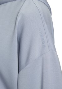 Sudadera de color azul claro con una superficie texturizada y capucha. Presenta un sutil logo en la manga y un diseño de corte relajado.
