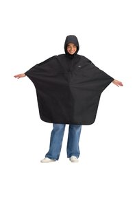 Zwarte waterdichte poncho met een capuchon, brede vorm, verstelbare drukknoopsluitingen aan de zijkanten en een gladde, lichte textuur.