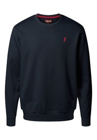 Sweat-shirt bleu marine avec une finition texturée, col rond, poignets et ourlet côtelés, avec un petit logo rouge sur la poitrine.