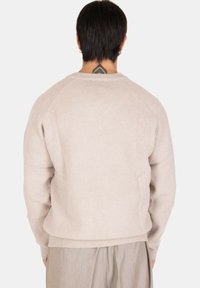 Felpa a coste beige con una vestibilità rilassata, caratterizzata da maniche raglan e un collo rotondo. Tessuto morbido e design pulito senza marchi visibili.