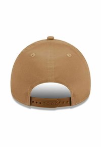 Back view of a tan brown baseball cap with adjustable plastic snapback strap and ventilation eyelets.