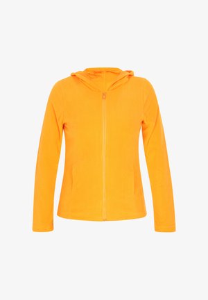 Felpa arancione brillante con zip realizzata in materiale morbido, dotata di cappuccio, maniche lunghe e una texture liscia, adatta per essere indossata in sovrapposizione.