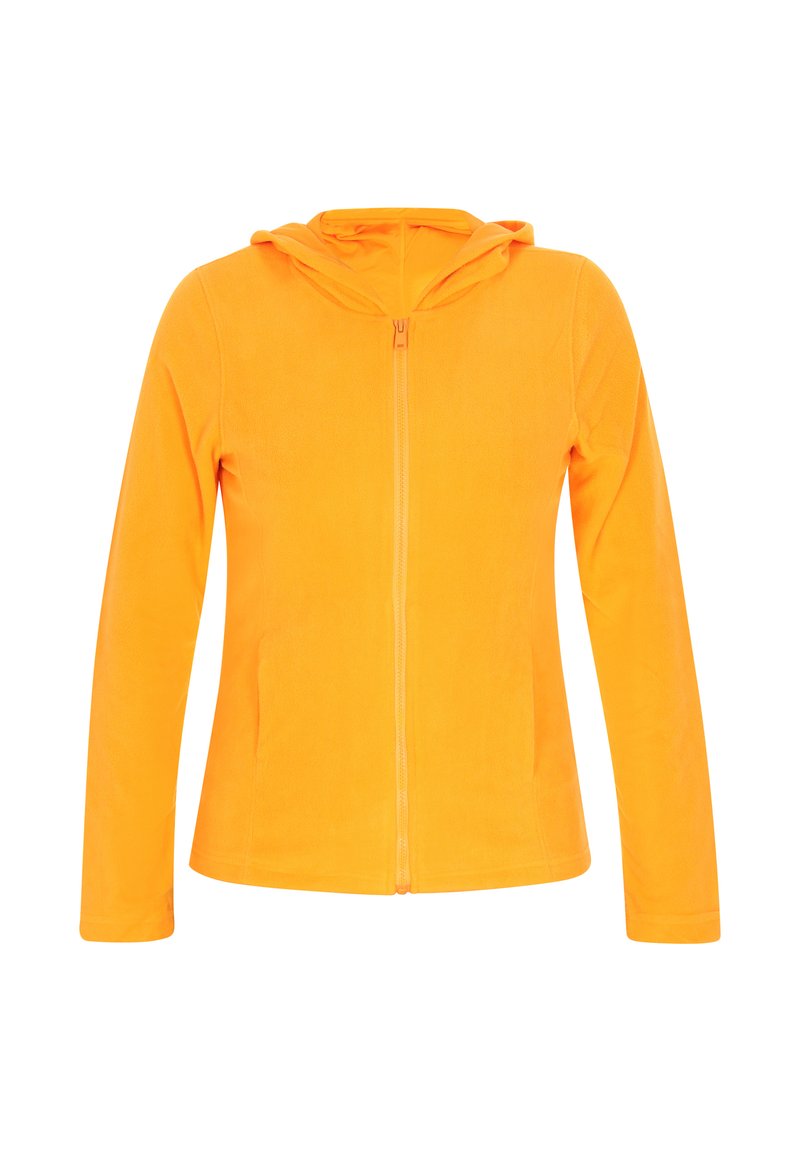 Helle orange Zip-Hoodie aus weichem Material, mit Kapuze, langen Ärmeln und glatter Textur, ideal zum Lagenlook.