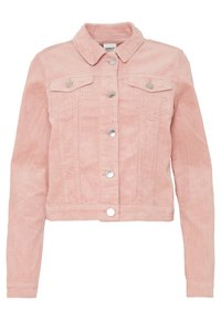 Lyserød fløjljakke med krave, frontknapper og to brystlommer. Har lodret ribbing og et cropped design.