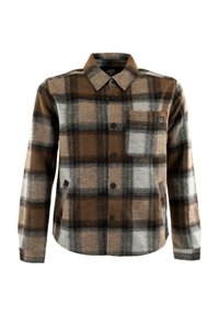 Bruin en grijs geruit flanellen overhemd met een button-down kraag, borstzak en zwart logo-opdruk. Zachte textuur en lange mouwen.