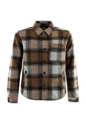Camicia di flanella a quadri marrone e grigia con colletto button-down, taschino sul petto e patch con logo nero. Tessuto morbido e maniche lunghe.