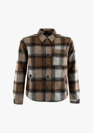 Camicia di flanella a quadri marrone e grigia con colletto button-down, taschino sul petto e patch con logo nero. Tessuto morbido e maniche lunghe.