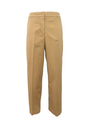 Pantaloni di cotone color fango con design a gamba dritta, pieghe, chiusura con zip e texture liscia, ideali sia per contesti casual che formali.