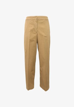 Pantaloni di cotone color fango con design a gamba dritta, pieghe, chiusura con zip e texture liscia, ideali sia per contesti casual che formali.