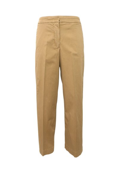 Pantaloni di cotone color fango con design a gamba dritta, pieghe, chiusura con zip e texture liscia, ideali sia per contesti casual che formali.