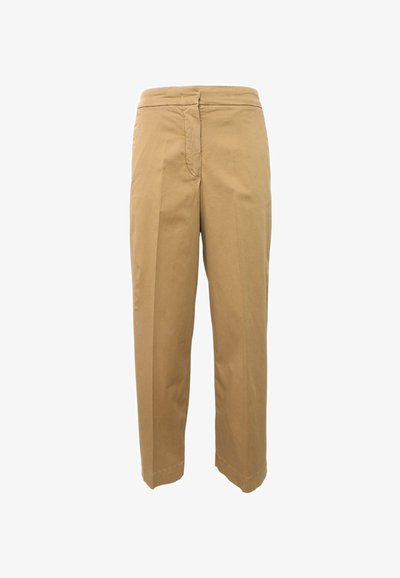 Pantaloni di cotone color fango con design a gamba dritta, pieghe, chiusura con zip e texture liscia, ideali sia per contesti casual che formali.