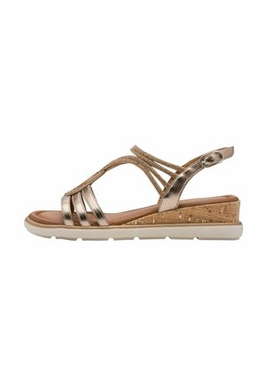 Metallic bronze wedge sandal with cross straps, a cushioned insole, and a textured cork midsole. Adjustable ankle strap included.