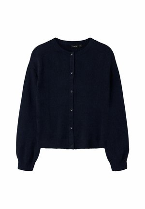 Cardigan bleu marine foncé à boutons, manches longues, col rond, poignets et ourlet côtelés.