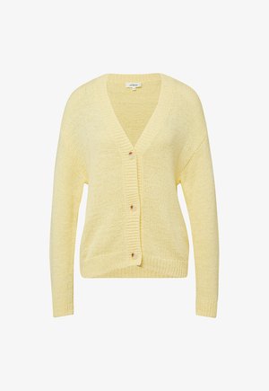 Cardigan jaune clair en maille avec manches longues, col en V et trois boutons à l'avant, confectionné en fil texturé.