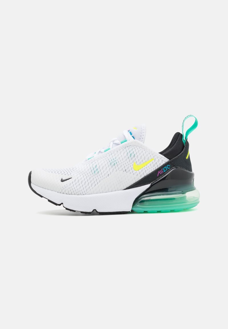 Nike Air Max shoe featuring a white mesh upper, black accents, green air cushioning, and a neon yellow swoosh. Tongue pull tab included.